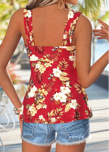 Red tops,Floral tops,Plants tops,ROTITA Peplum Floral Print Red Heart Collar Sleeveless Tank Top