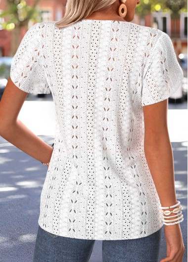 White tops,Plain Color tops,ROTITA Curved Hem White Split Neck Short Sleeve T Shirt