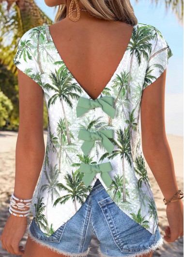 Light Green tops,Plants tops,ROTITA Tummy Coverage Tropical Plants Print Light Green T Shirt