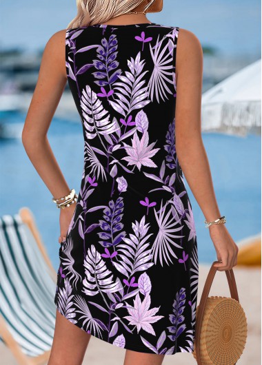 Black dresses,Plants dresses,Vacation dresses,Vacation dresses,ROTITA Tummy Coverage Leaf Print Black Short Scoop Neck Dress