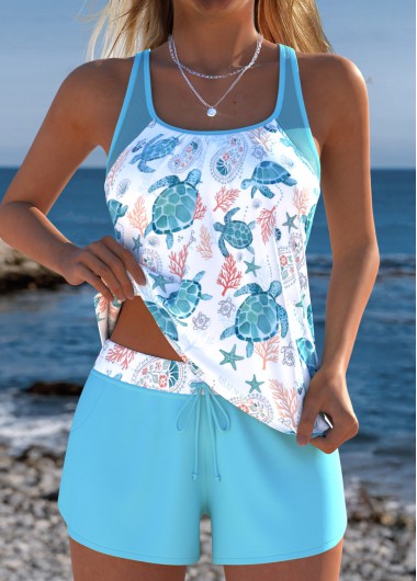 Light Blue swimwear,Animal Print swimwear,ROTITA Tummy Coverage Light Blue Marine Life Print Tankini Set
