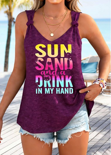 Wine Red tops,Letter tops,ROTITA Tie Letter Print Wine Red V Neck Tank Top