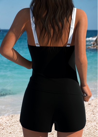 Black swimwear,Plain Color swimwear,ROTITA Black Hot-Fix Rhinestone Tummy Control Mid Waist Tankini Set