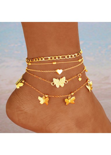 Golden jewelry,Animal Print jewelry,Heart jewelry,Butterfly Golden Heart Alloy Anklet Set
