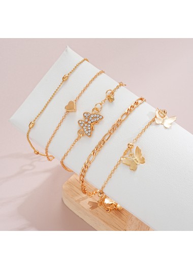 Golden jewelry,Animal Print jewelry,Heart jewelry,Butterfly Golden Heart Alloy Anklet Set