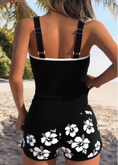 Black swimwear,Floral swimwear,Plants swimwear,ROTITA Tummy Coverage Black Floral Print Mid Waisted Tankini Set