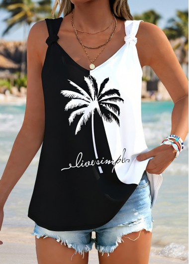 Black tops,Plants tops,ROTITA Tie Tropical Plants Print Black V Neck Tank Top