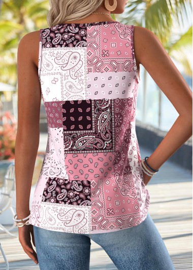 Pink tops,Tribal tops,ROTITA Tummy Coverage Tribal Print Pink V Neck Tank Top