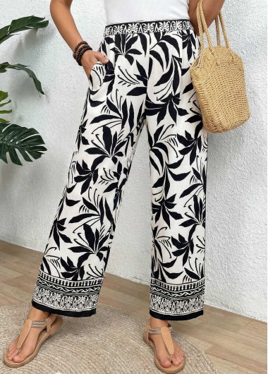 Black bottoms,Plants bottoms,ROTITA Soft Tropical Plants Print Black Wide Leg Pants