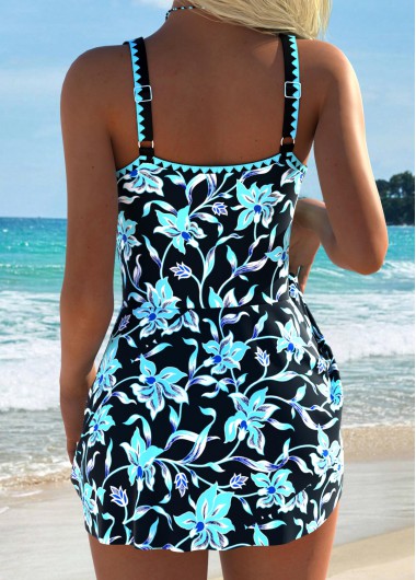 Cyan swimwear,Plants swimwear,Floral swimwear,ROTITA Tummy Coverage Cyan Random Floral Print One Piece Swimdress