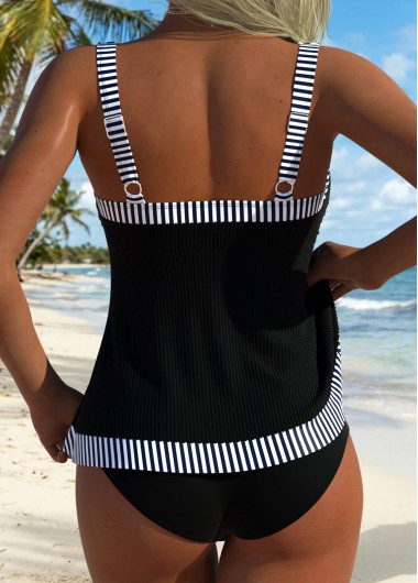 Black swimwear,Striped swimwear,Geometric swimwear,ROTITA Black Tummy Coverage Striped Mid Waisted Tankini Top
