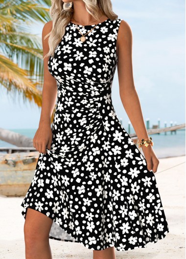 Black dresses,Floral dresses,Plants dresses,Vacation dresses,Vacation dresses,ROTITA Black Floral Print Tummy Coverage Round Neck Sleeveless Dress