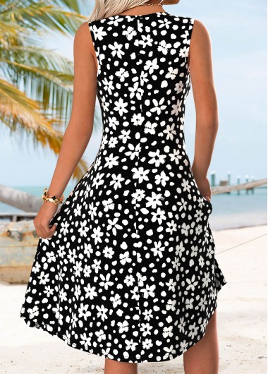 Black dresses,Floral dresses,Plants dresses,Vacation dresses,Vacation dresses,ROTITA Black Floral Print Tummy Coverage Round Neck Sleeveless Dress