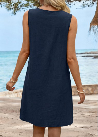 Navy dresses,Plain Color dresses,Everyday dresses,Casual dresses,ROTITA Navy Tummy Coverage Short Round Neck Sleeveless Dress