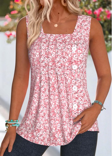 Pink tops,Ditsy Floral tops,ROTITA Pleated Ditsy Floral Print Pink Square Neck Tank Top
