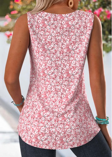 Pink tops,Ditsy Floral tops,ROTITA Pleated Ditsy Floral Print Pink Square Neck Tank Top