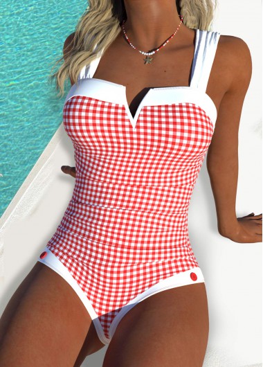 Red swimwear,Plaid swimwear,Geometric swimwear,ROTITA Red Plaid Bandeau One Piece Swimwear
