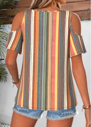 Multi Color tops,Striped tops,Geometric tops,ROTITA Twist Striped Multi Color V Neck T Shirt