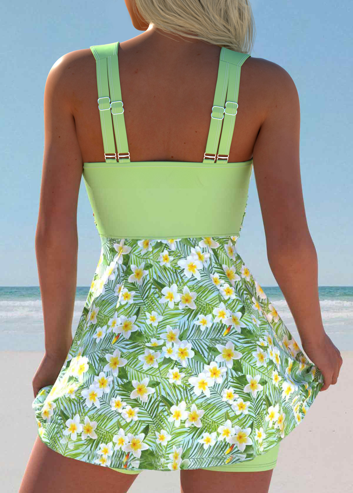 Light Green swimwear,Floral swimwear,Plants swimwear,ROTITA Surplice Light Green Floral Print Swimdress and Shorts