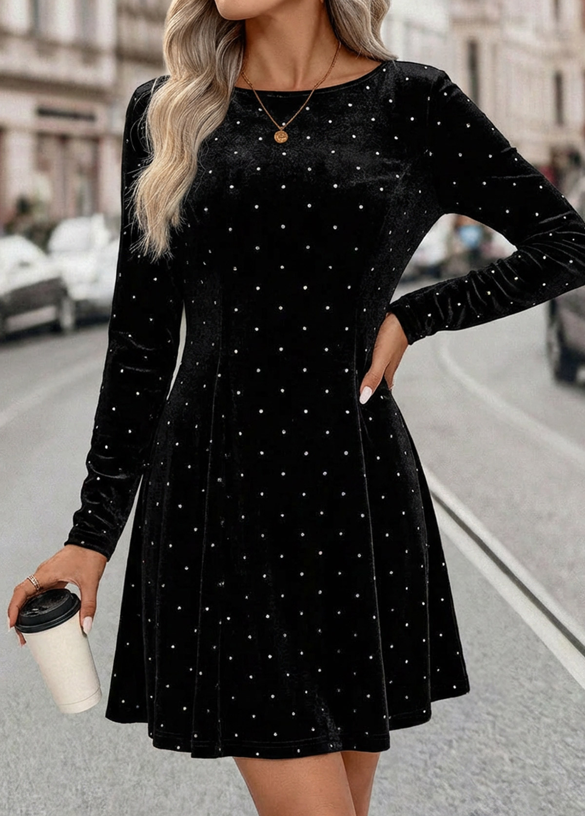 Black dresses,Plain Color dresses,Everyday dresses,Casual dresses,ROTITA Tummy Coverage Black Short Boat Neck Long Sleeve Dress