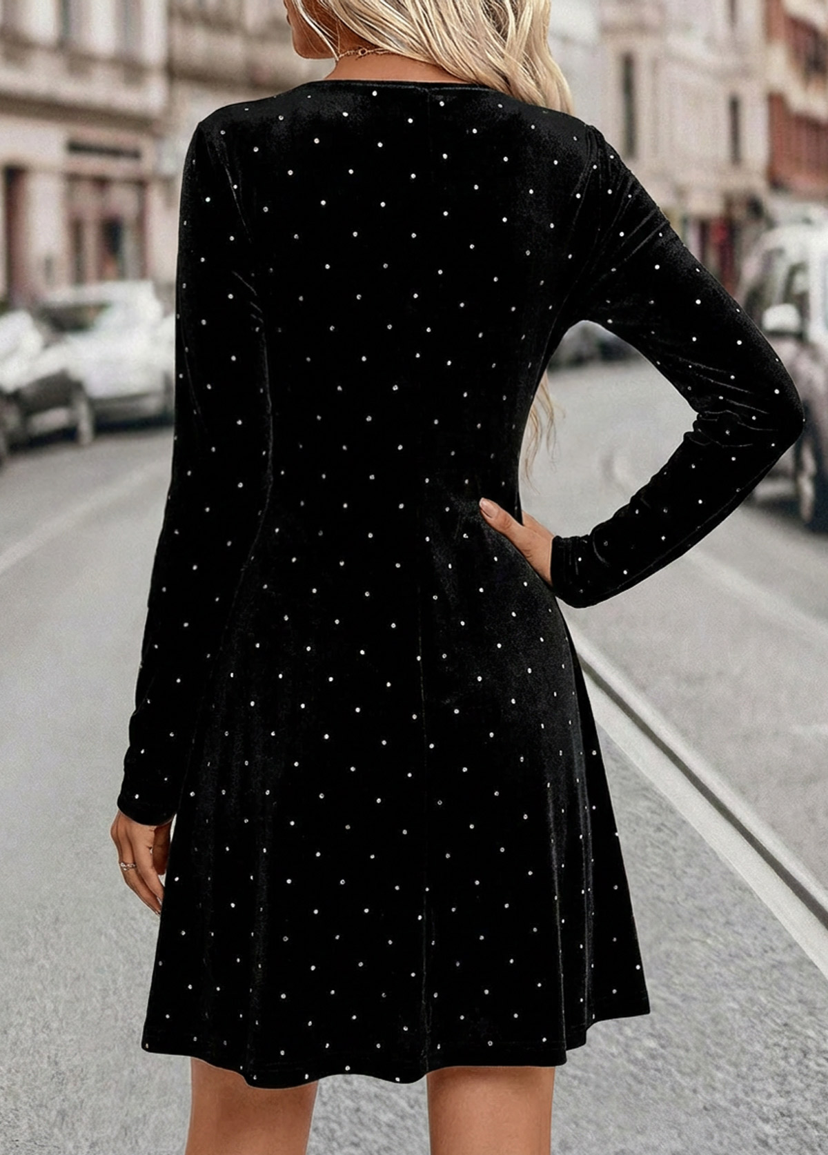Black dresses,Plain Color dresses,Everyday dresses,Casual dresses,ROTITA Tummy Coverage Black Short Boat Neck Long Sleeve Dress