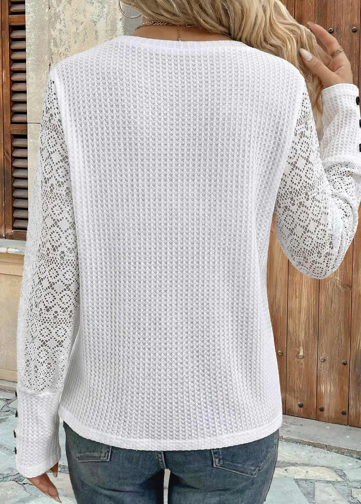 White tops,Plain Color tops,ROTITA Patchwork White Round Neck Long Sleeve T Shirt