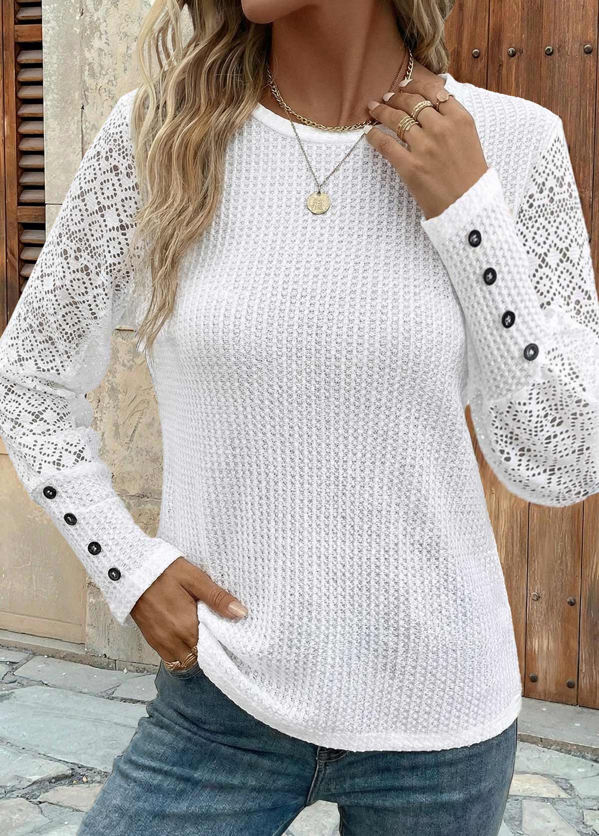 White tops,Plain Color tops,ROTITA Patchwork White Round Neck Long Sleeve T Shirt