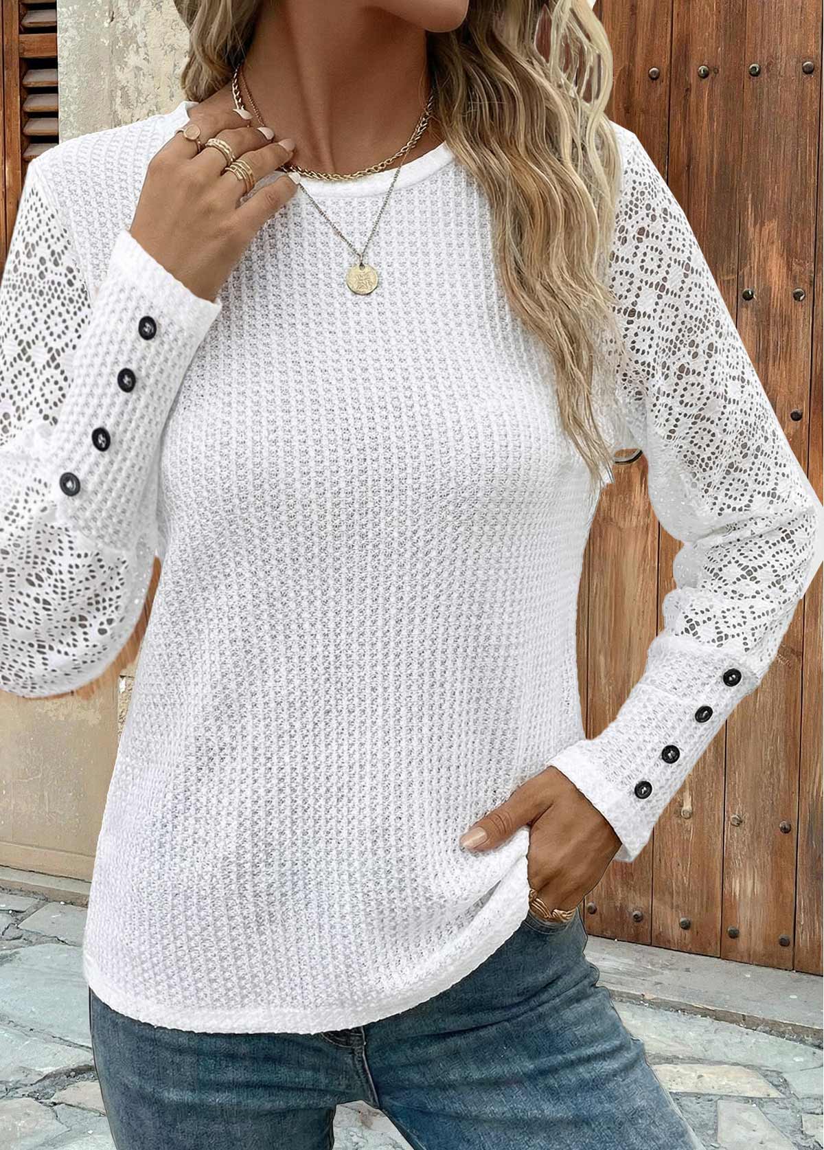 White tops,Plain Color tops,ROTITA Patchwork White Round Neck Long Sleeve T Shirt