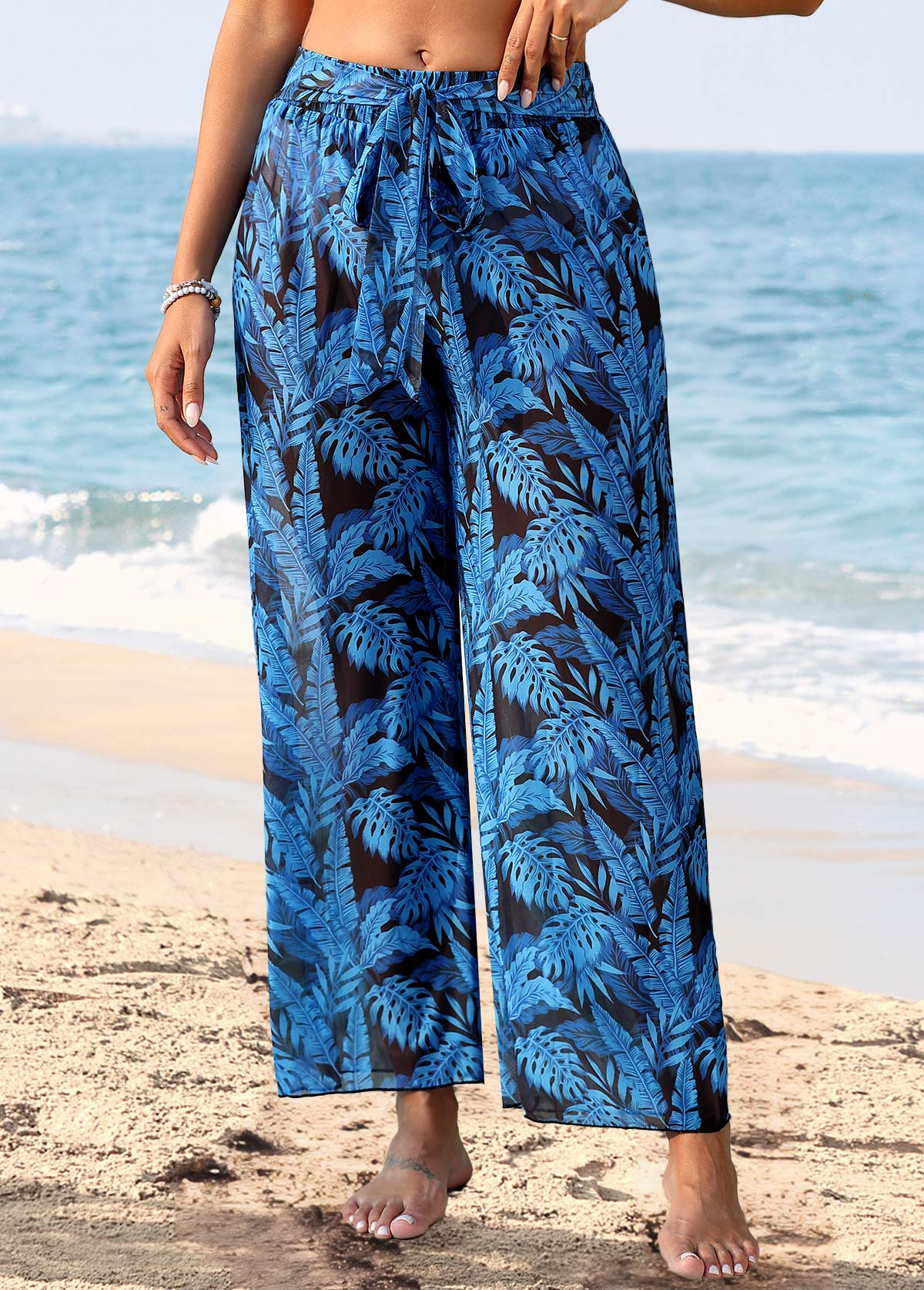 Dark Blue swimwear,Plants swimwear,Dark Blue Tie Leaf Print Pants