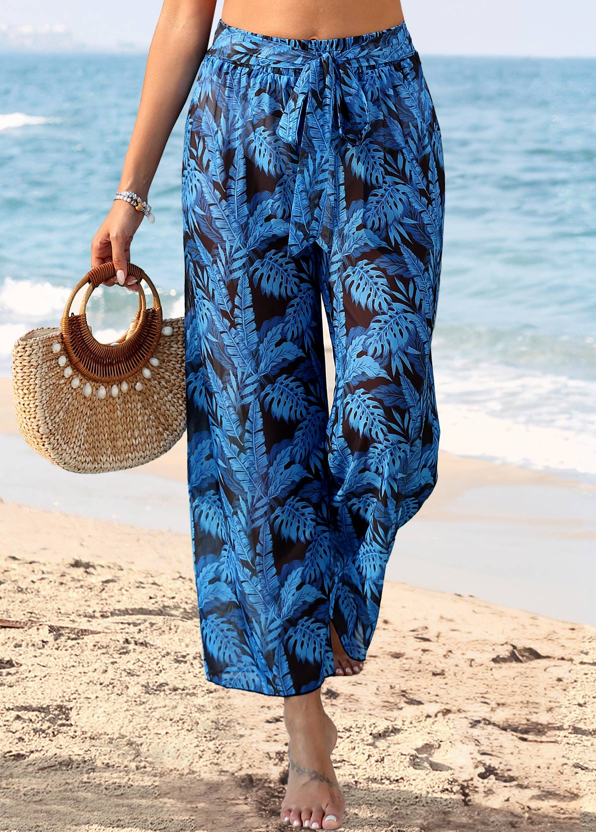 Dark Blue swimwear,Plants swimwear,Dark Blue Tie Leaf Print Pants