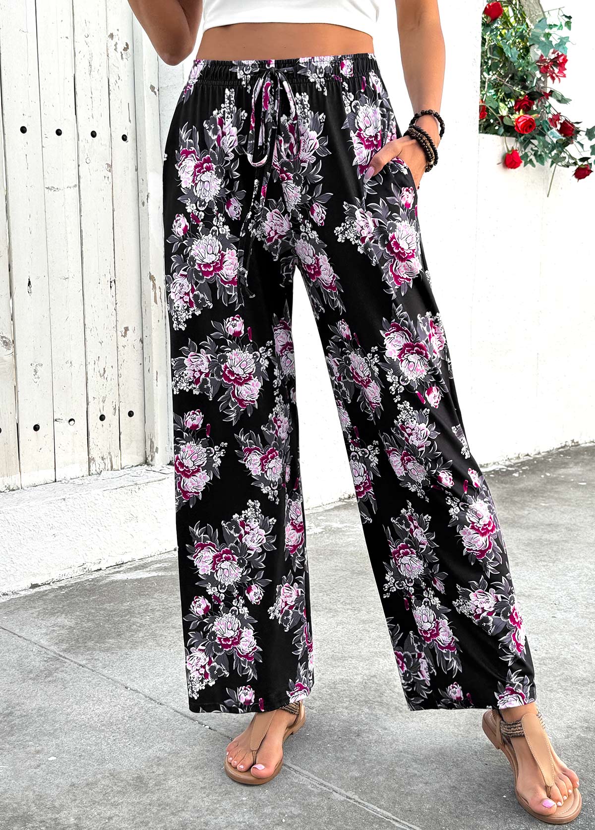 Black bottoms,Floral bottoms,Plants bottoms,Floral Print Black Wide Leg Elastic Waist Pants