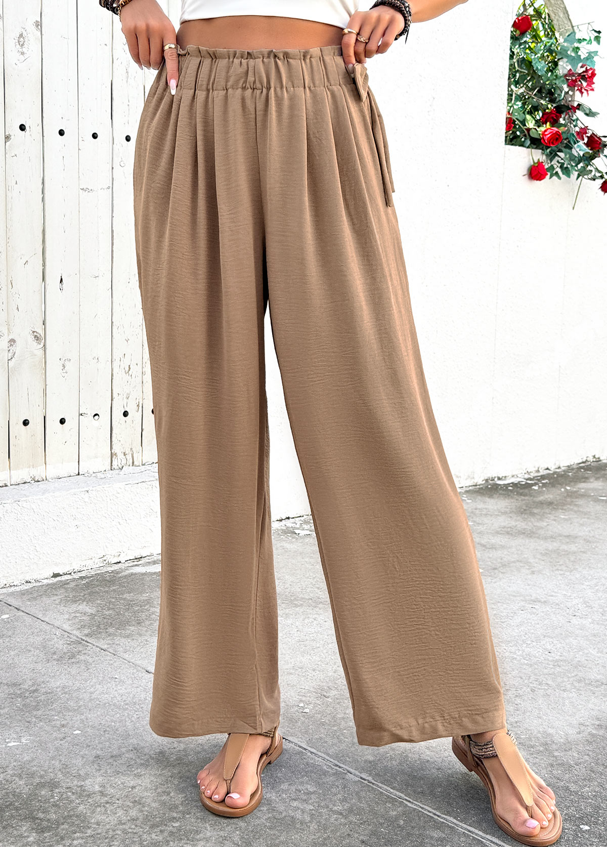 Light Camel bottoms,Plain Color bottoms,Soft Light Camel Wide Leg Elastic Waist Pants