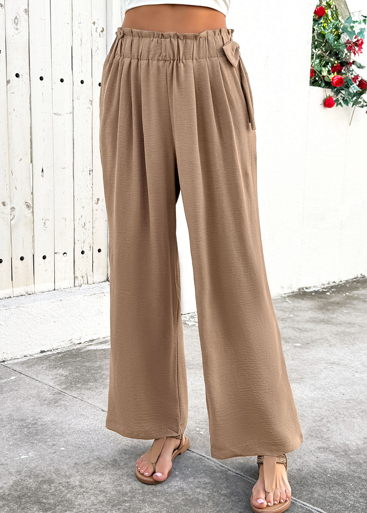Light Camel bottoms,Plain Color bottoms,Soft Light Camel Wide Leg Elastic Waist Pants