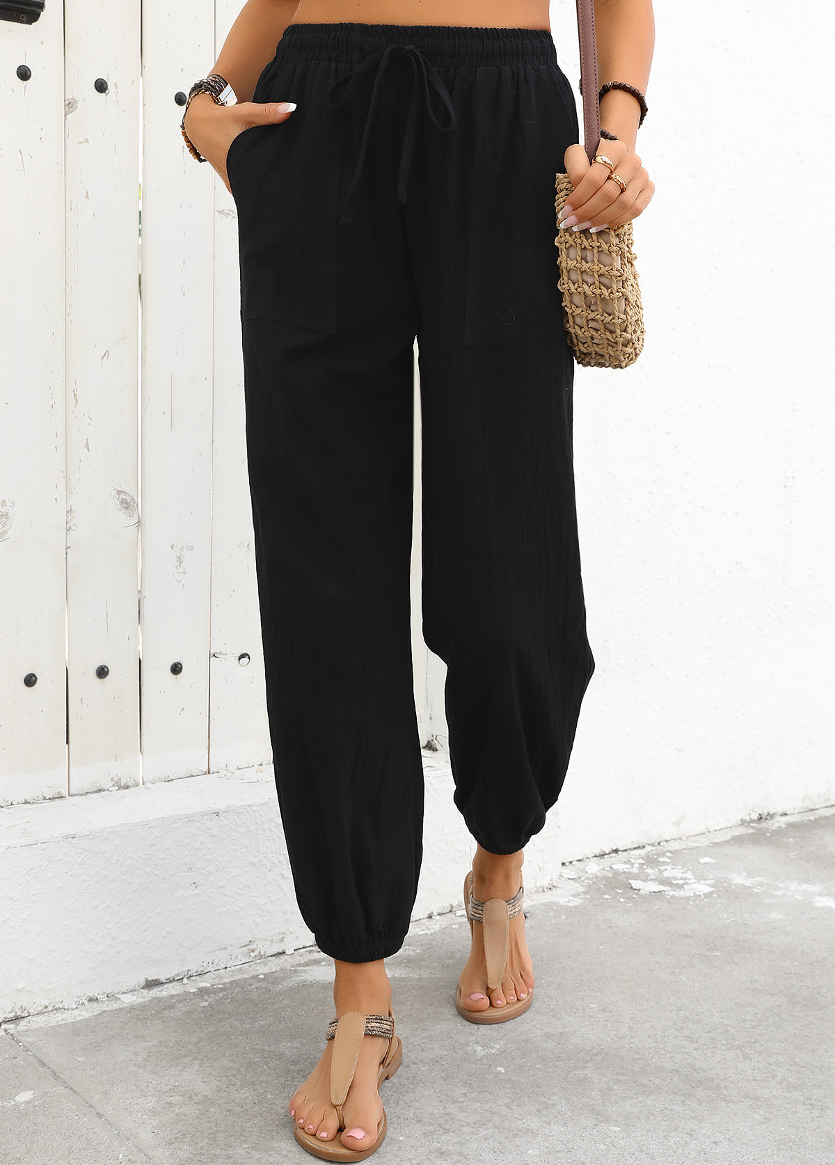 Black bottoms,Plain Color bottoms,Black Jogger Elastic Waist High Waisted Pants
