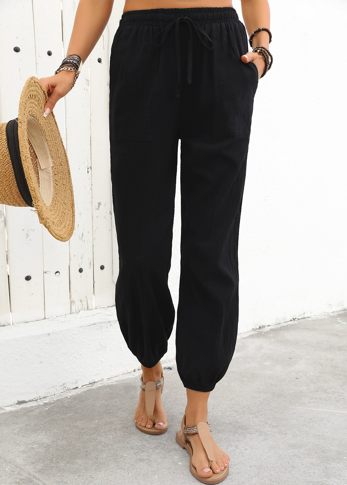 Black bottoms,Plain Color bottoms,Black Jogger Elastic Waist High Waisted Pants