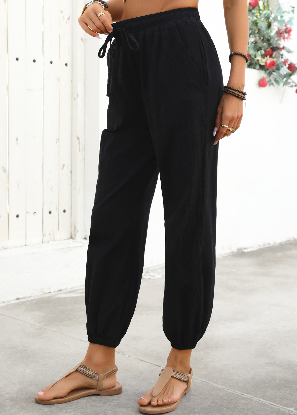 Black bottoms,Plain Color bottoms,Black Jogger Elastic Waist High Waisted Pants