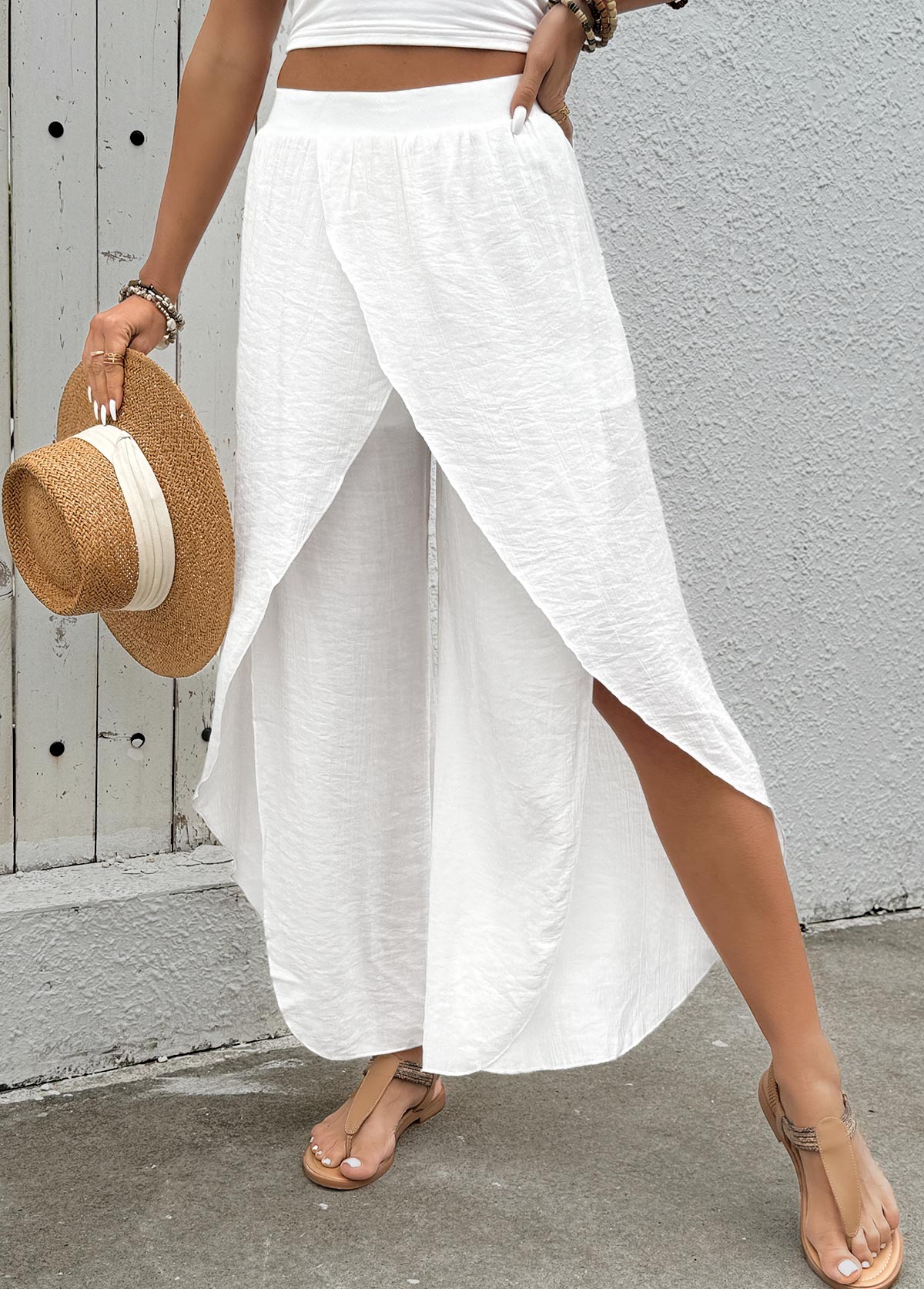 White bottoms,Plain Color bottoms,Flowy White Wide Leg Elastic Waist High Waisted Pants