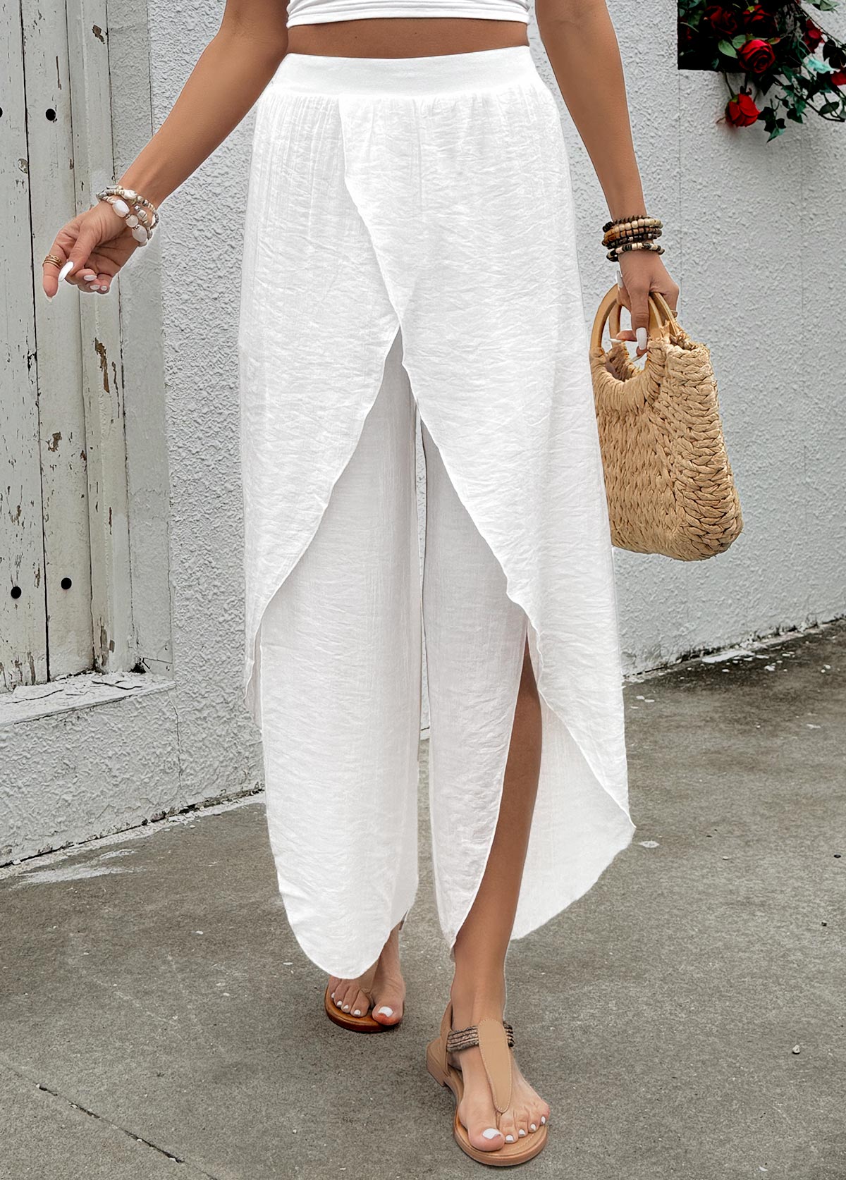 White bottoms,Plain Color bottoms,Flowy White Wide Leg Elastic Waist High Waisted Pants