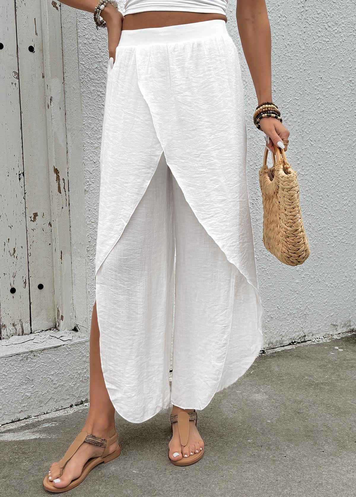White bottoms,Plain Color bottoms,Flowy White Wide Leg Elastic Waist High Waisted Pants