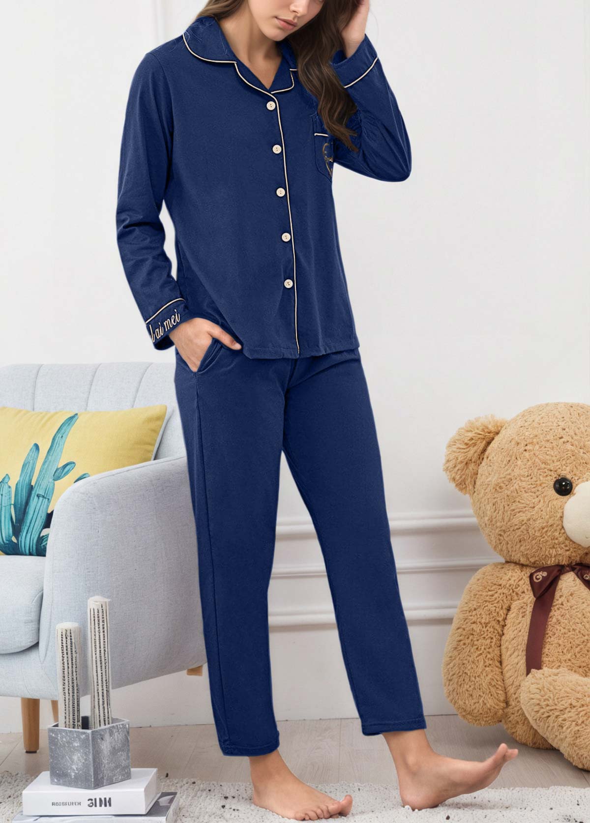 Dark Blue loungewear,Letter loungewear,Letter Print Dark Blue Lounge Top and Pants