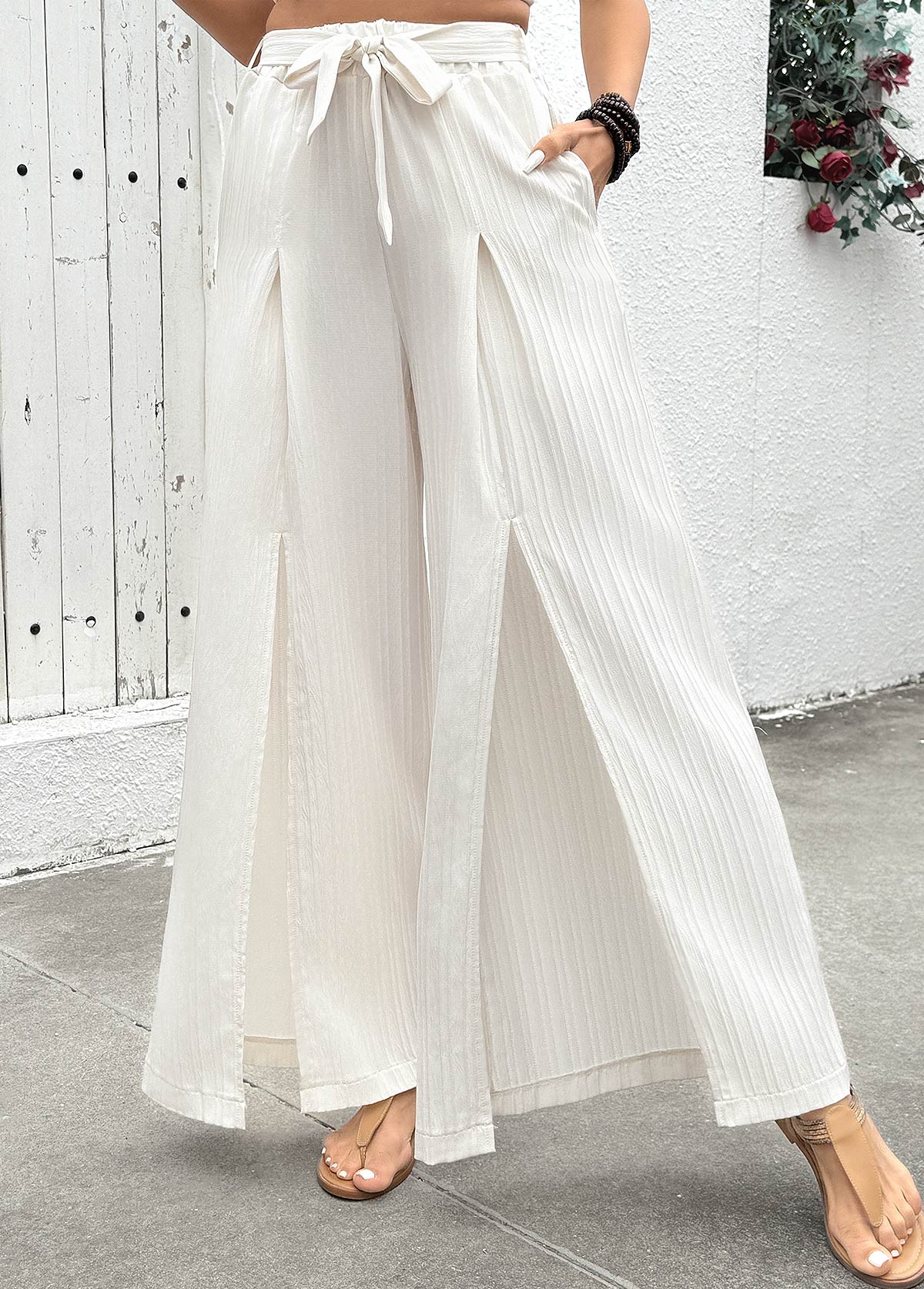 Raw white bottoms,Plain Color bottoms,Flowy Raw White Wide Leg Elastic Waist Pants