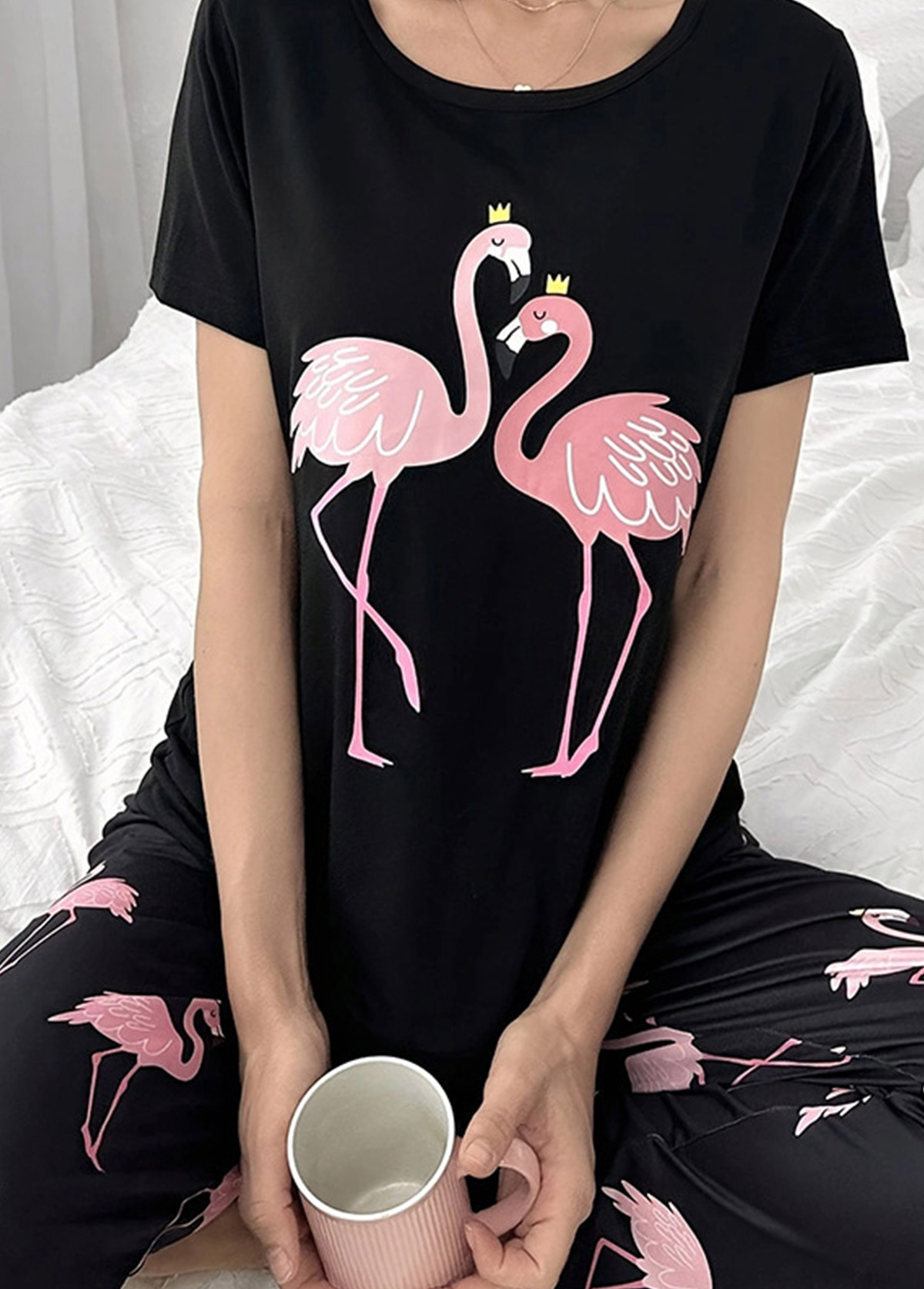 Black loungewear,Other loungewear,Black Round Neck Short Sleeve Lounge Top and Pants