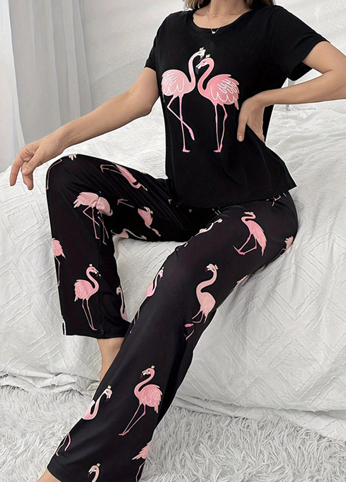 Black loungewear,Other loungewear,Black Round Neck Short Sleeve Lounge Top and Pants