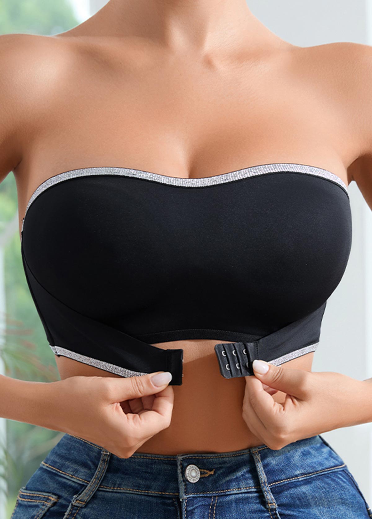 Black intimates,Contrast Color intimates,Black Seamless Strapless Patchwork Bandeau Bra