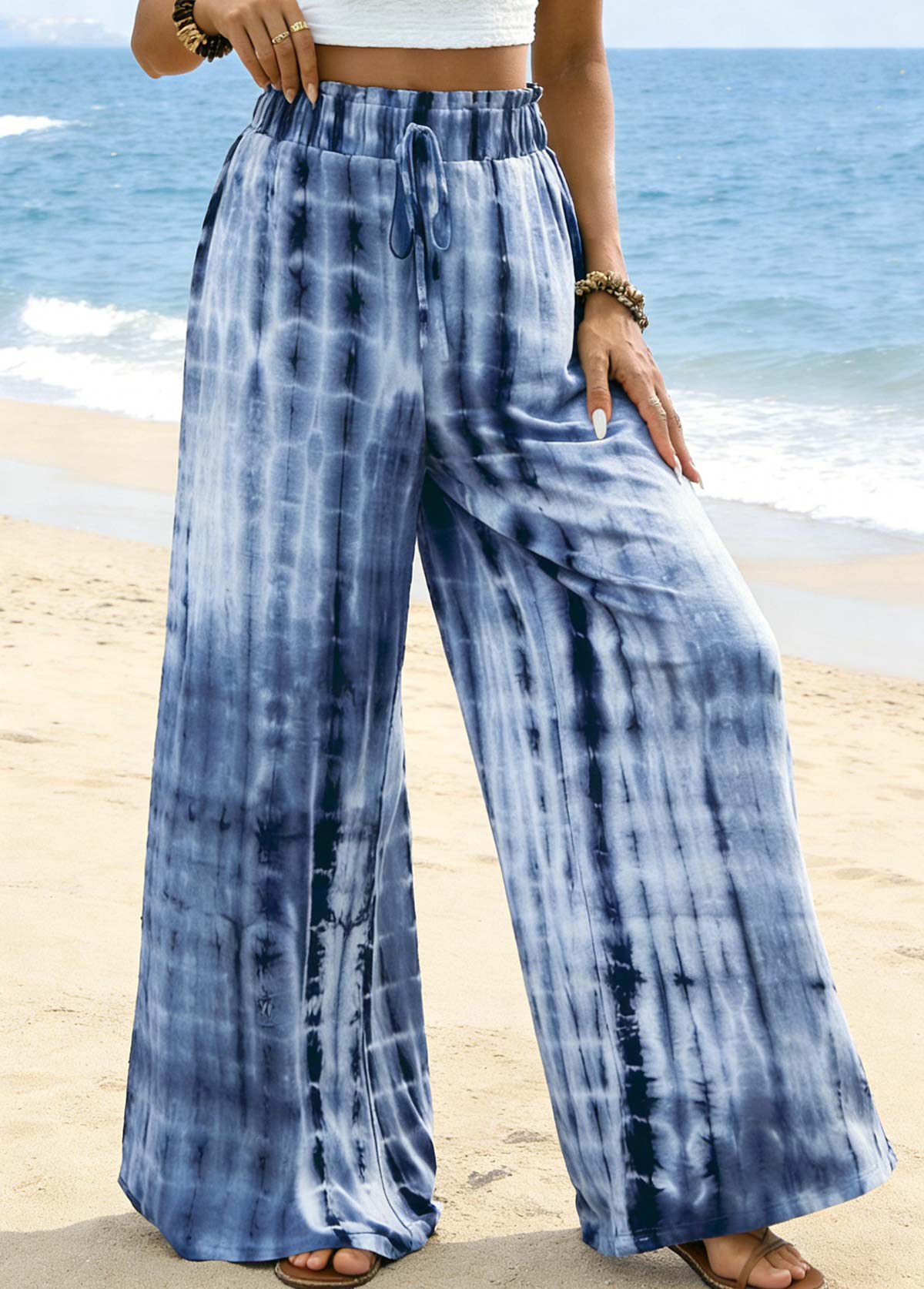 Blue bottoms,Tie Dye bottoms,ROTITA Soft Tie Dye Print Blue Wide Leg Pants