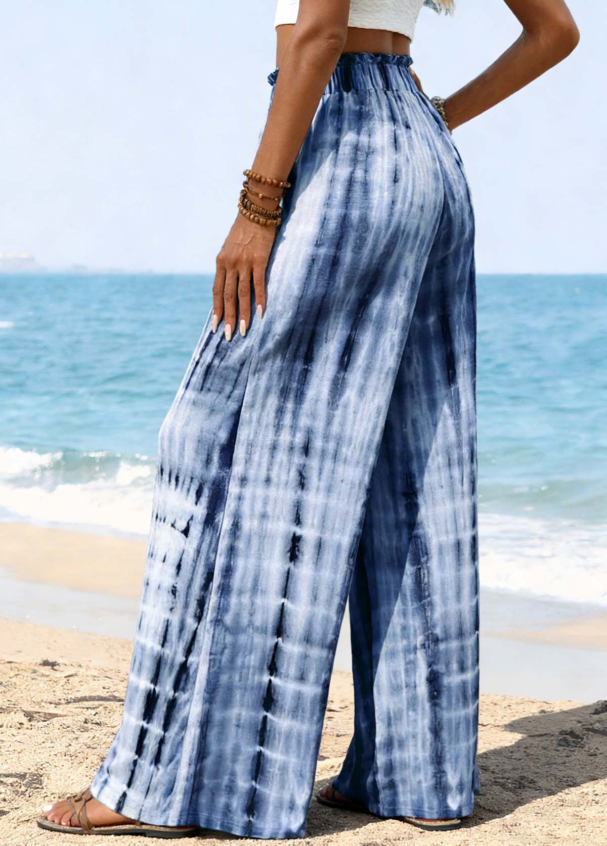 Blue bottoms,Tie Dye bottoms,ROTITA Soft Tie Dye Print Blue Wide Leg Pants