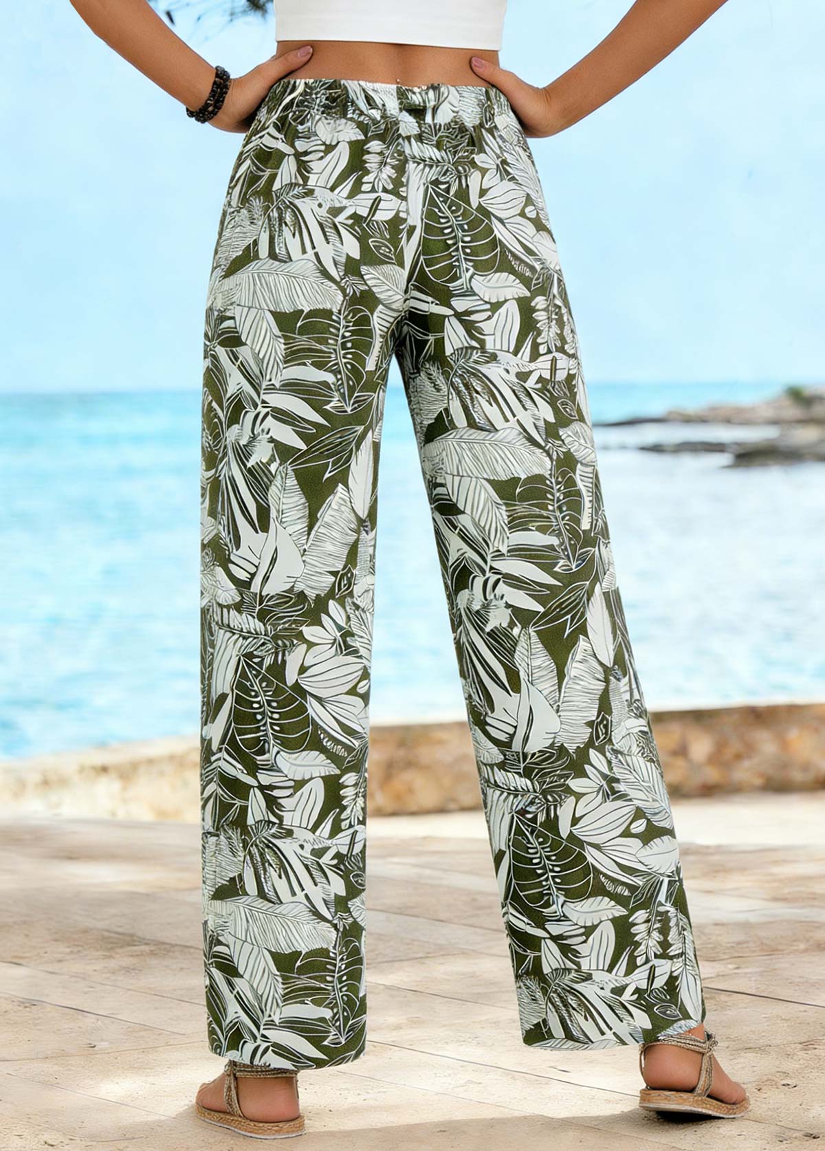 Olive Green bottoms,Plants bottoms,ROTITA Soft Leaf Print Olive Green Straight Leg Pants