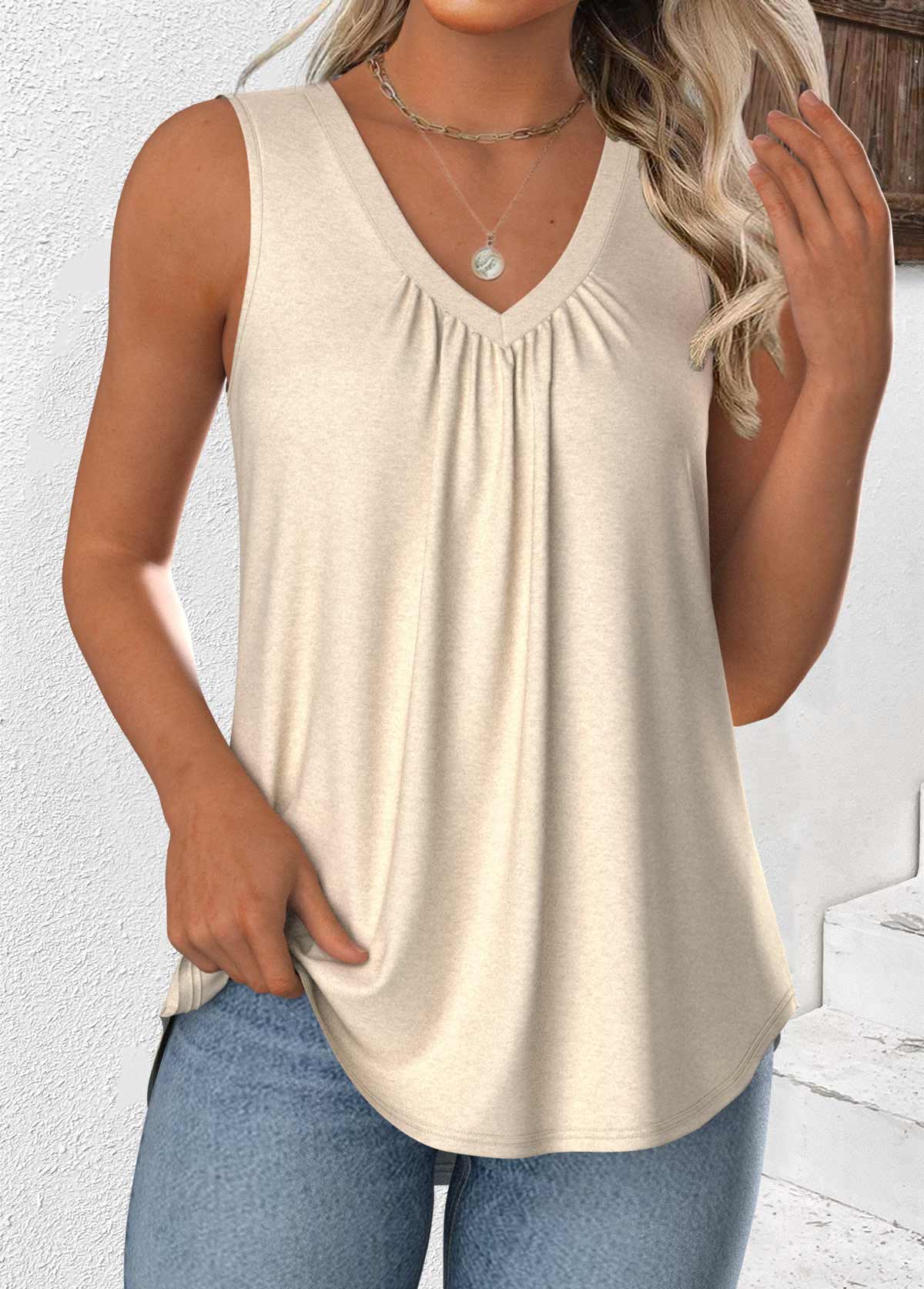 Beige tops,Plain Color tops,ROTITA Beige V Neck Sleeveless Tank Top