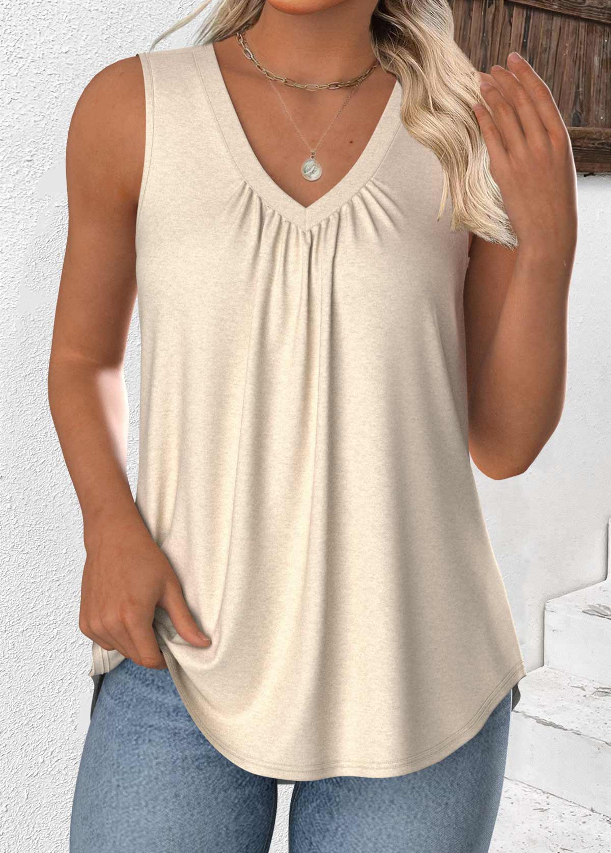 Beige tops,Plain Color tops,ROTITA Beige V Neck Sleeveless Tank Top