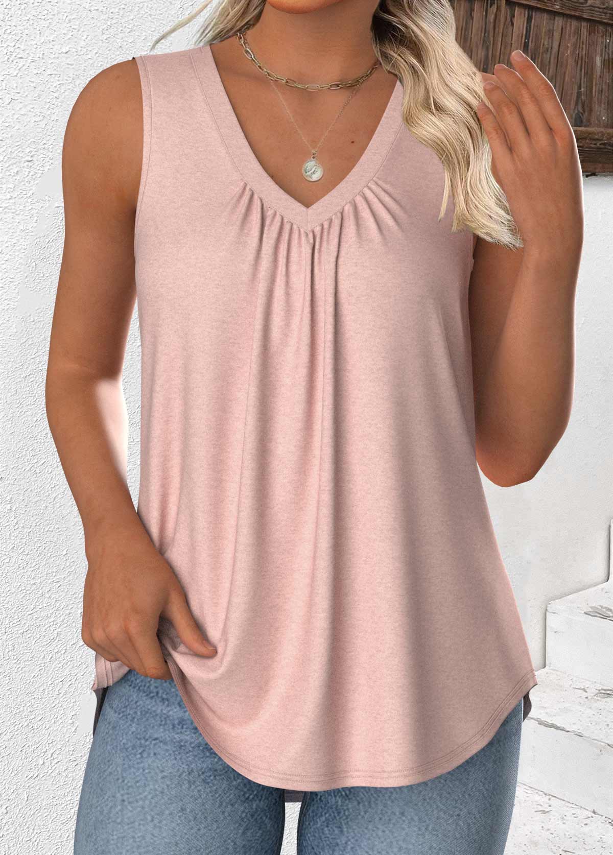 Dusty Pink tops,Plain Color tops,ROTITA Dusty Pink V Neck Sleeveless Tank Top